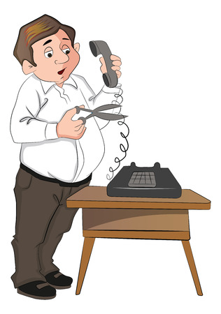Vector illustration of a man cutting telephone cord with scissors.のイラスト素材