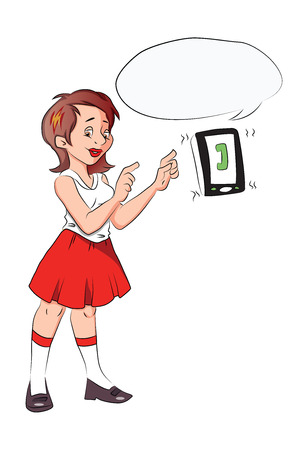 Vector illustration of a thoughtful girl pointing at smartphone with a receiver and cloud symbol.のイラスト素材