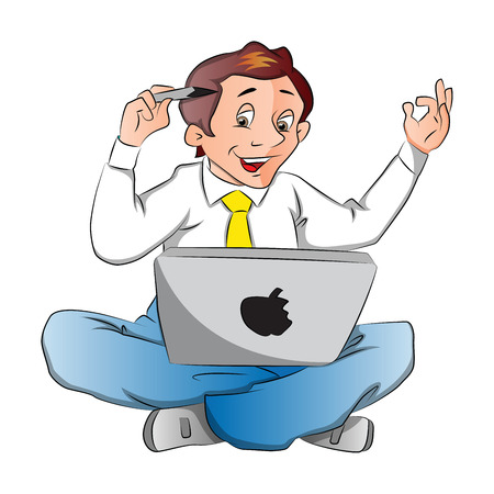 Vector illustration of a businessman with a laptop, getting inspiration to solve problems.のイラスト素材