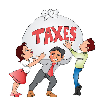 Vector illustration of businessmen and businesswoman holding an overweight sack of taxes.のイラスト素材