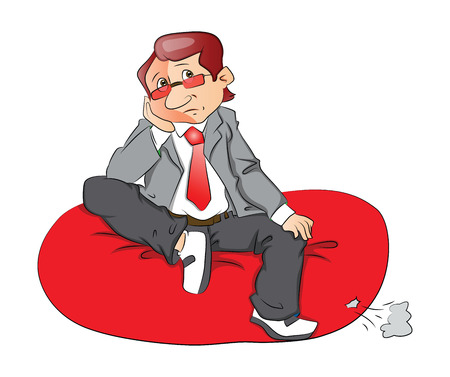Vector illustration of a sad and thoughtful businessman sitting on bean bag against white background.のイラスト素材