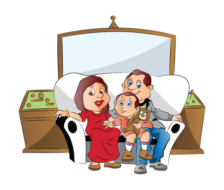 Vector illustration of a family sitting with shocked expression while watching television.のイラスト素材