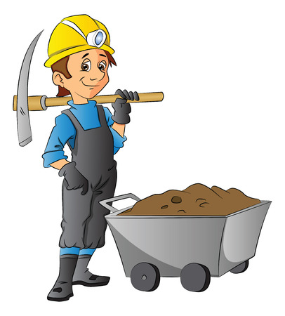 Vector illustration of construction worker holding pickaxe next to wheelbarrow full of mud.のイラスト素材