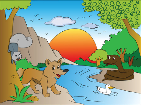 Vector illustration of scared squirrel and fox watching snake on other side of the lake.のイラスト素材