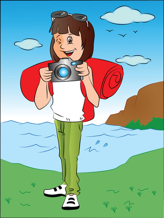 Vector illustration of happy teenage girl taking pictures with digital camera.のイラスト素材