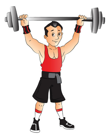 Vector illustration of young man wrightlifting against white background.のイラスト素材