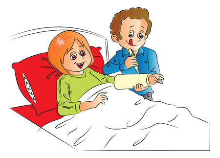 Vector illustration of man writing on happy wife's plaster cast, relaxing on bed.のイラスト素材