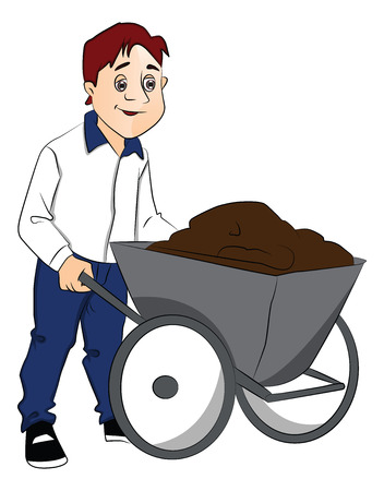 Vector illustration of man pushing cement in wheelbarrow.のイラスト素材