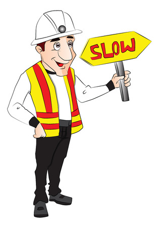 Vector illustration of happy construction worker holding slow sign.のイラスト素材