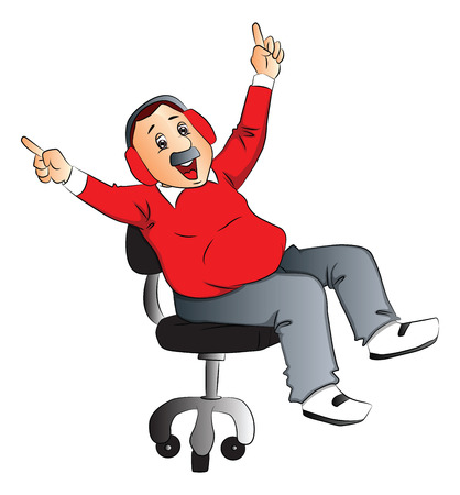 Vector illustration of happy and excited young man listening to music on headphones.のイラスト素材