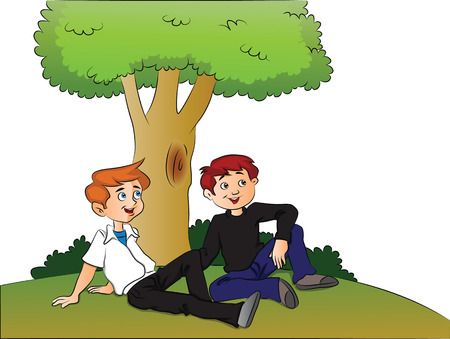 Vector illustration of curious boys relaxing under a tree.のイラスト素材