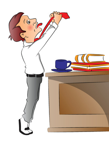 Vector illustration of overworked businessman pulling his necktie, teacup with files on office desk.のイラスト素材
