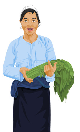 Vector illustration of woman holding bunch of fresh green vegetable.のイラスト素材