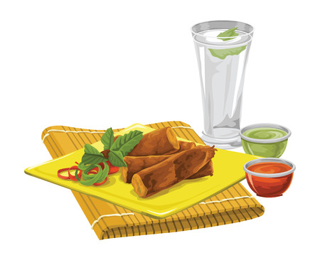 Vector illustration of eggrolls on place mat with drink and sauce.のイラスト素材