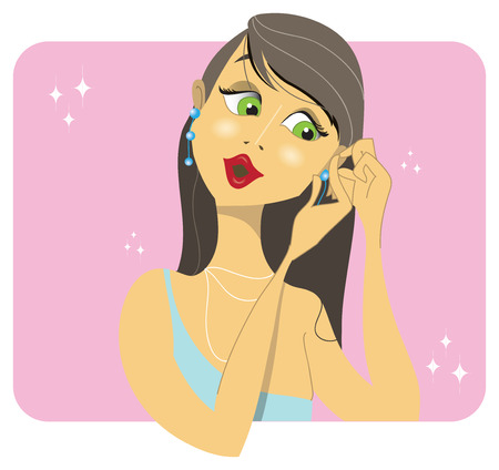 A beautiful brunette woman placing her earrings in preparation for a soiree or party, on a pink and glittering .のイラスト素材