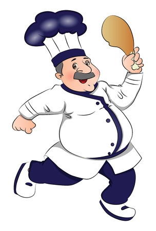Vector illustration of chef running chicken leg piece in hand.のイラスト素材