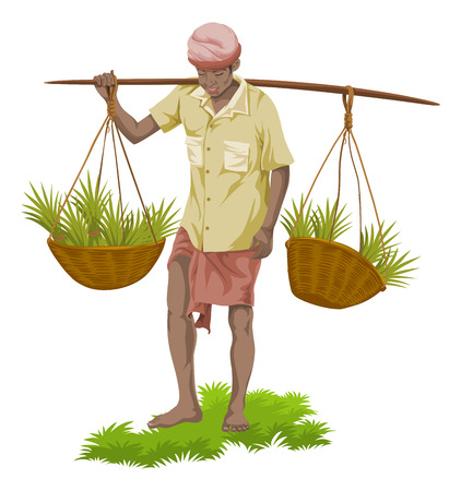 Vector illustration of street vegetable seller carrying vegetables baskets.のイラスト素材