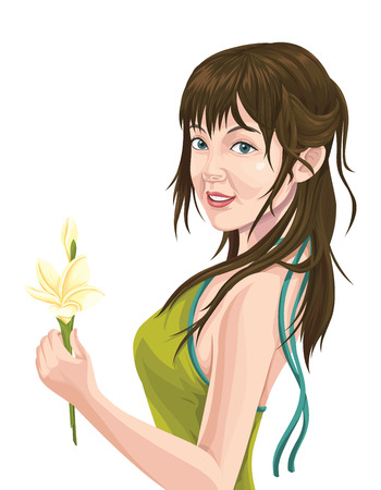 Vector illustration of happy and beautiful young woman holding a flower.のイラスト素材