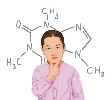 Vector illustration of thoughtful boy surrounded with structural formula.のイラスト素材