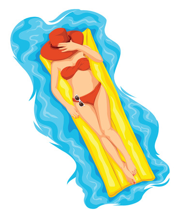 Illustration of woman sunbathing on pool raft in swimming pool.のイラスト素材