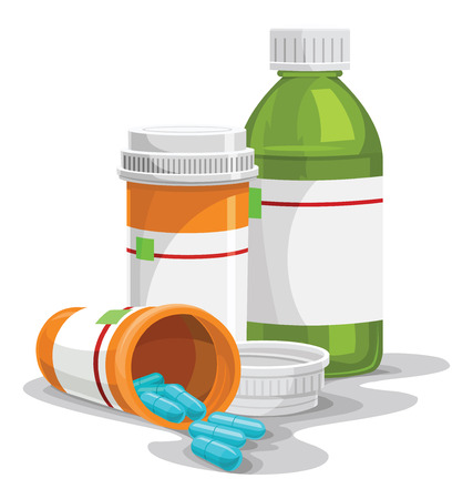 Vector illustration of prescription pill and syrup bottles.のイラスト素材
