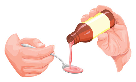 Vector illustration of human hand pouring prescription syrup on spoon.のイラスト素材