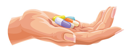 Vector illustration of human hand with prescription capsules.のイラスト素材