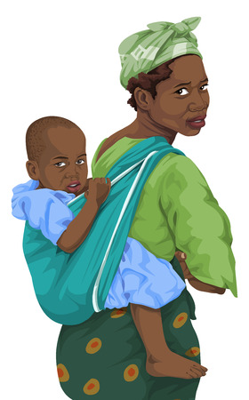 Vector illustration of african woman giving piggyback ride to son.のイラスト素材
