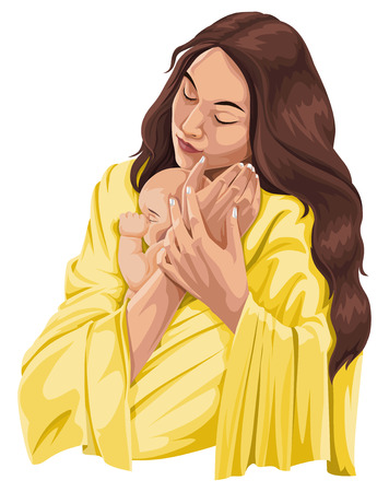 Vector illustration of mother embracing her cute little baby.のイラスト素材