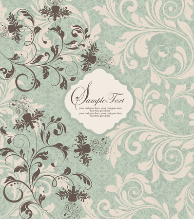 Vintage invitation card with ornate elegant retro abstract floral design, brownish gray and pale yellow flowers and leaves on snowy mint green background. Vector illustration.のイラスト素材