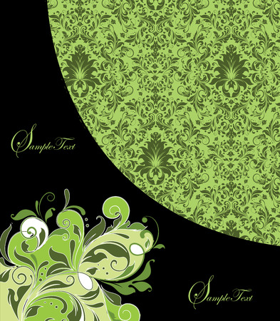 Vintage invitation card with ornate elegant retro abstract floral design, green flowers and leaves on yellow green and black background. Vector illustration.のイラスト素材
