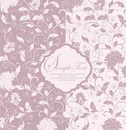 Vintage invitation card with ornate elegant retro abstract floral design, pale pastel purple and white flowers and leaves on striped background. Vector illustration.のイラスト素材