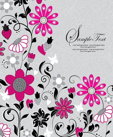 Vintage invitation card with ornate elegant retro abstract floral design, multi-colored flowers and leaves on pale green background with text. Vector illustration.のイラスト素材