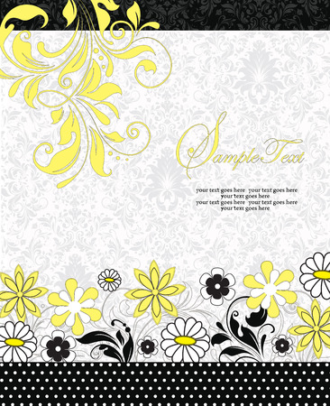 Vintage invitation card with ornate elegant retro abstract floral design, white and yellow flowers and leaves on faded green and white background with black borders and text label. Vector illustration.のイラスト素材