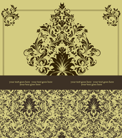 Vintage invitation card with ornate elegant retro abstract floral design, chocolate brown flowers and leaves on yellow green background with ribbon label. Vector illustration.のイラスト素材