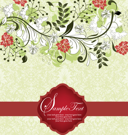 Vintage invitation card with ornate elegant retro abstract floral design, multi-colored flowers and leaves on pale yellow green background with red ribbon label. Vector illustration.のイラスト素材
