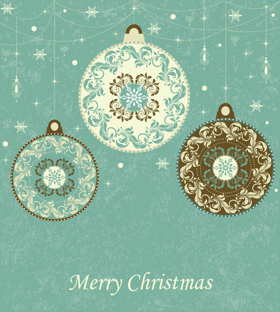 Vintage Christmas card with ornate elegant retro abstract floral design, snowflake snow stars lanterns and balls with pale yellow laurel green and chocolate brown circular flowers and leaves on laurel green background with text label. Vector illustration.のイラスト素材