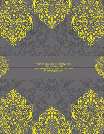 Vintage invitation card with ornate elegant retro abstract floral design, yellow flowers and leaves on gray background with ribbon text label. Vector illustration.のイラスト素材