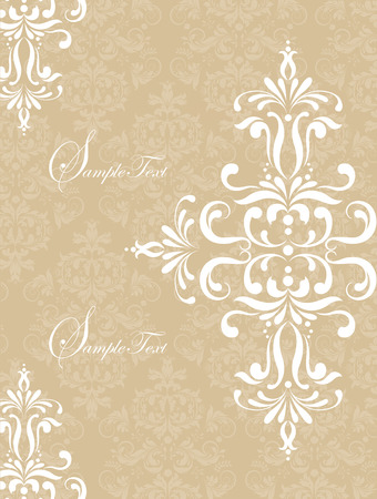 Vintage invitation card with ornate elegant retro abstract floral design, white flowers and leaves on beige background with text label. Vector illustration.のイラスト素材