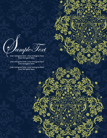 Vintage invitation card with ornate elegant retro abstract floral design, yellow green flowers and leaves on midnight blue background with text label. Vector illustration.のイラスト素材