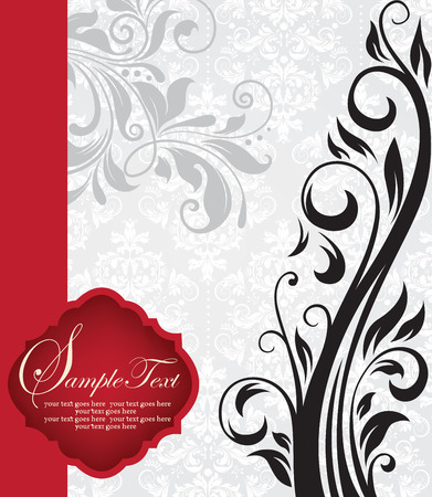 Vintage invitation card with ornate elegant retro abstract floral design, black and gray flowers and leaves on faded green and white background with red ribbon and plaque text label. Vector illustration.のイラスト素材