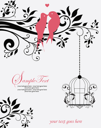 Vintage invitation card with ornate elegant retro abstract floral design, black flowers and leaves on white background with birds and text label. Vector illustration.のイラスト素材