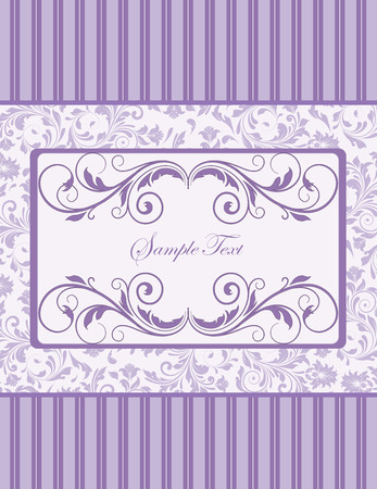 Vintage invitation card with ornate elegant retro abstract floral design, violet flowers and leaves on light violet and white background with stripes and rectangular text label. Vector illustration.のイラスト素材