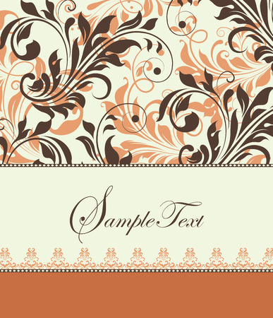 Vintage invitation card with ornate elegant retro abstract floral design, light orange and dark chocolate brown flowers and leaves on pale green background with ribbon text label. Vector illustration.のイラスト素材
