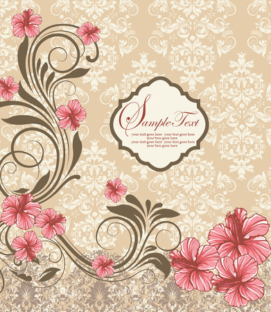 Vintage invitation card with ornate elegant retro abstract floral design, red hibiscus flowers and olive green leaves on beige and gray background with plaque text label. Vector illustration.のイラスト素材