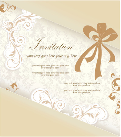 Vintage invitation card with ornate elegant retro abstract floral design, light brown and grayish brown flowers and leaves on light gray and beige background with ribbon and text label. Vector illustration.のイラスト素材