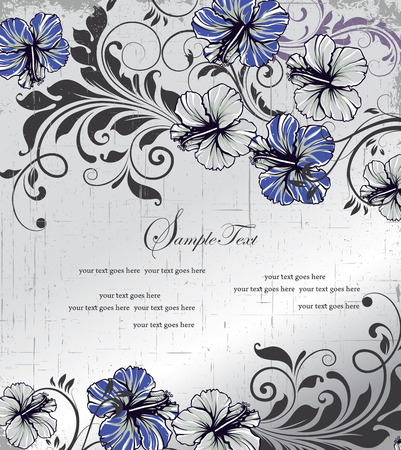 Vintage invitation card with ornate elegant retro abstract floral design, blue and gray flowers and leaves on scratch textured light gray background with text label. Vector illustration.のイラスト素材