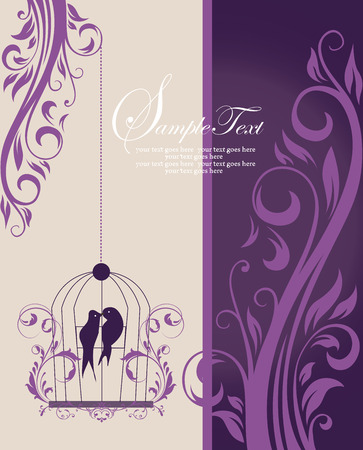 Vintage invitation card with ornate elegant retro abstract floral design, purple flowers and leaves on pale yellow and dark purple background with birds and text label. Vector illustration.のイラスト素材