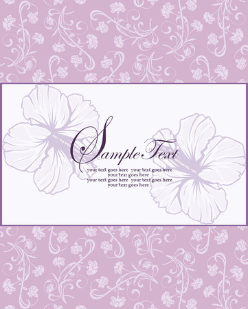 Vintage invitation card with ornate elegant retro abstract floral design, violet and white flowers on pale purple background with rectangular text label. Vector illustration.のイラスト素材