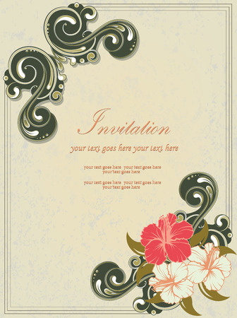 Vintage invitation card with ornate elegant retro abstract floral design, red pale yellow and dark olive green flowers and leaves on grayish green background with frame border and text label. Vector illustration.のイラスト素材